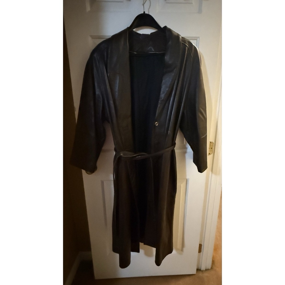 Vintage 90s Black Genuine Leather Belted Trench Coat Minimalist Long Coat